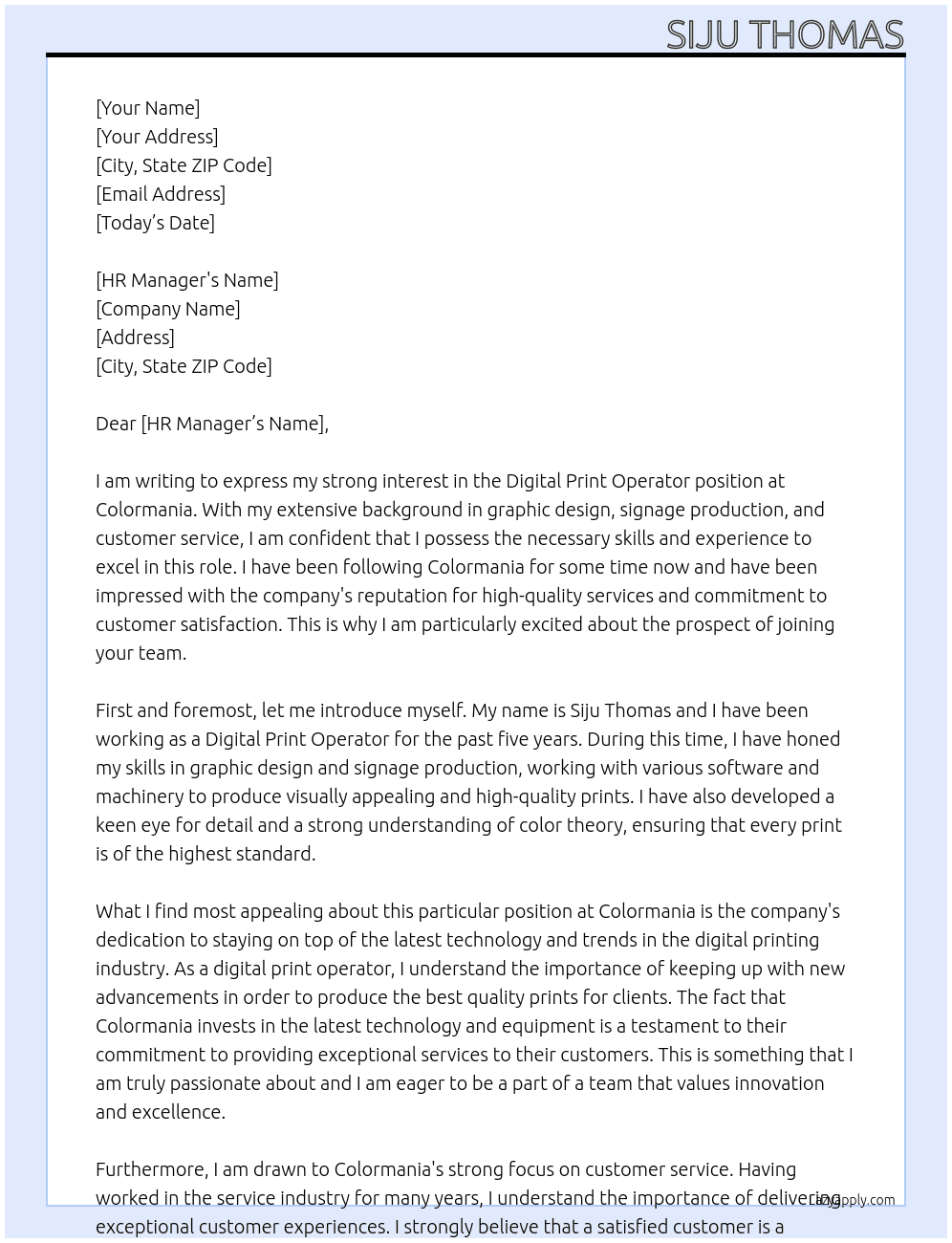  Digital Print Operator At Colormania  Cover Letter