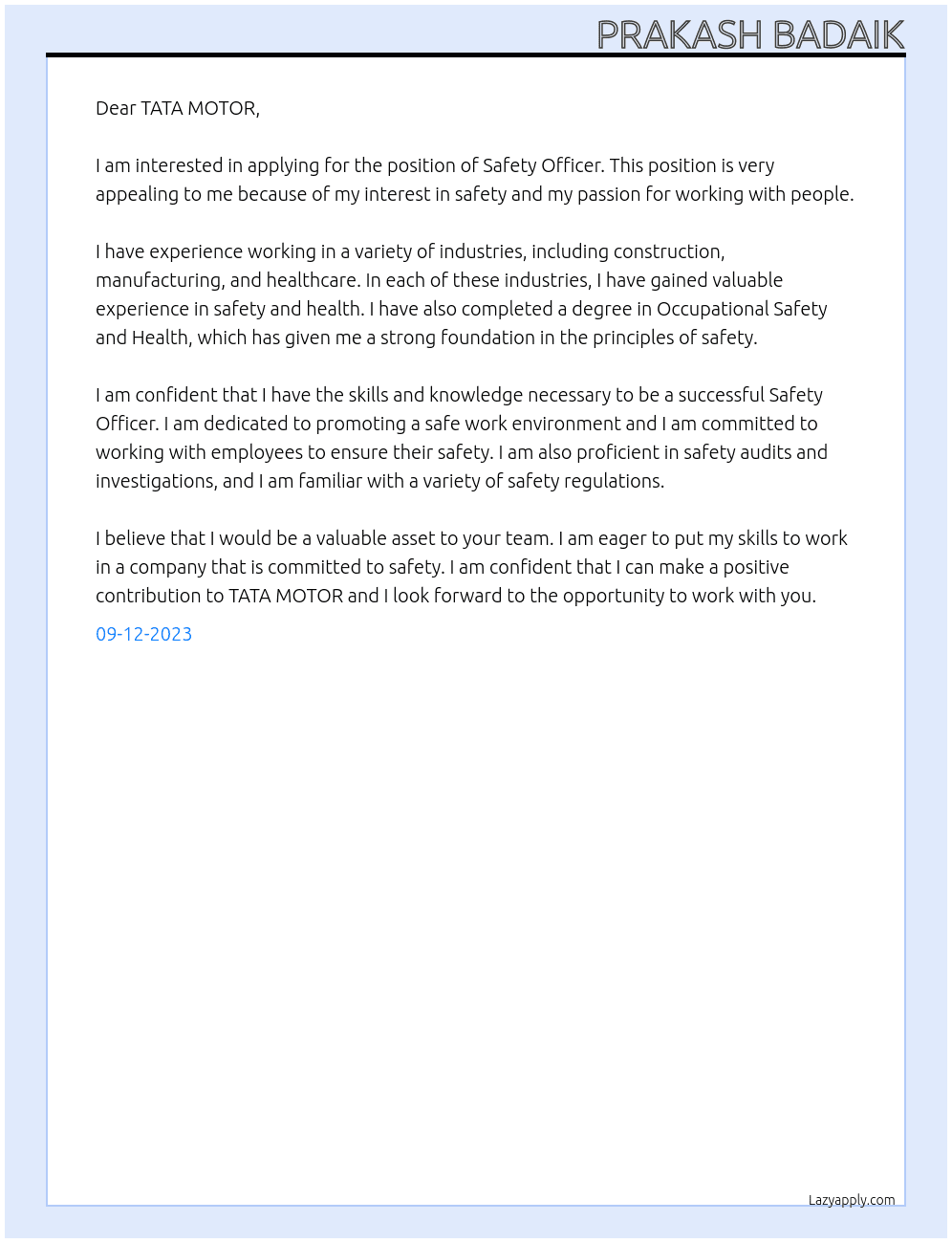 Safety officer At TATA MOTOR Cover Letter