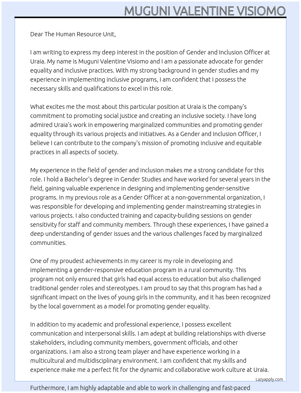  Gender and Inclusion Officer At Uraia Cover Letter