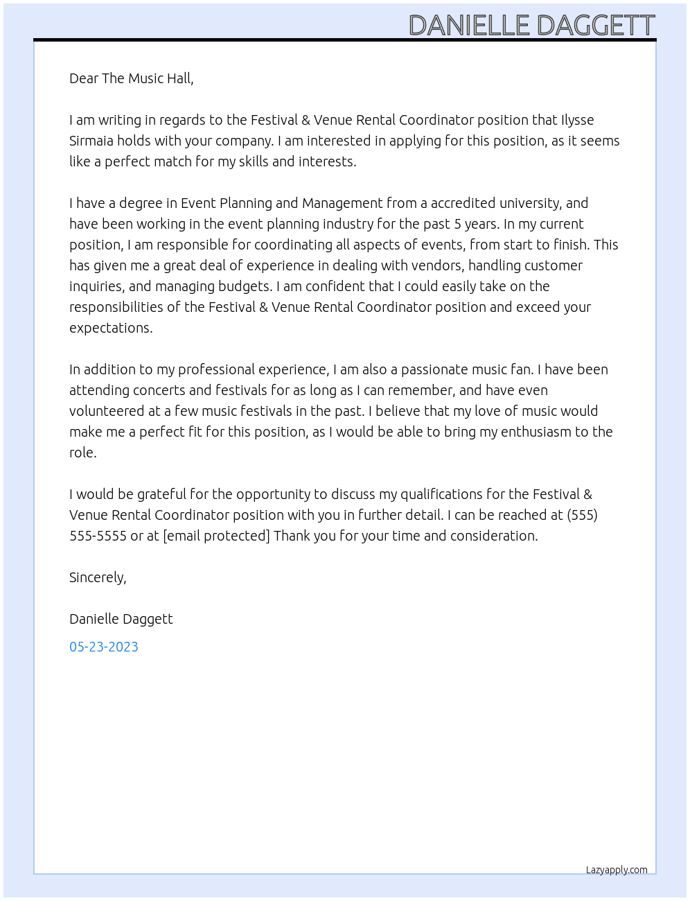 Festival & Venue Rental Coordinator At The Music Hall Cover Letter