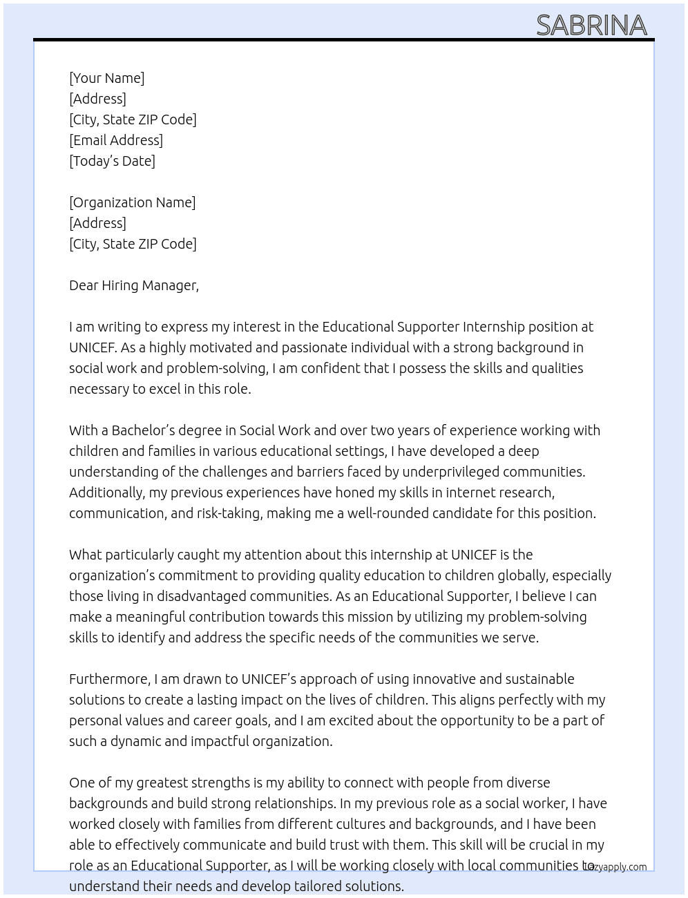 Educational supporter At Internship UNICEF  Cover Letter