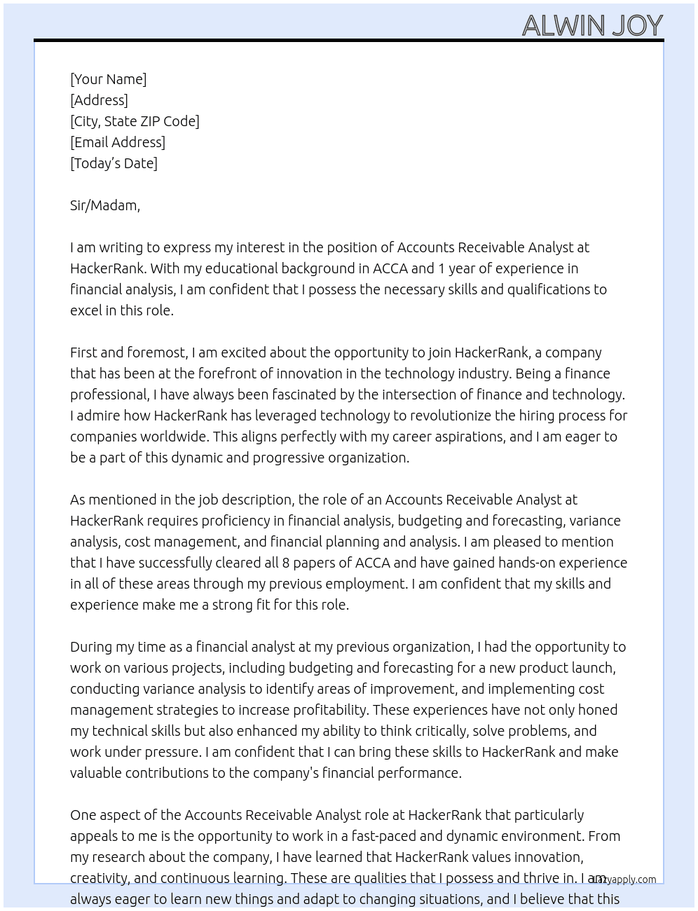 Accounts receivable analyst At HackerRank Cover Letter