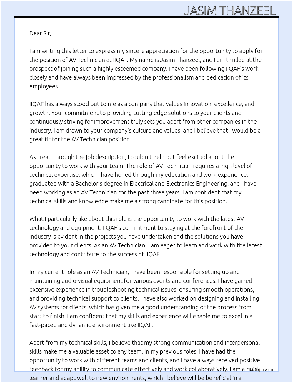 AV Technician At IIQAF Cover Letter
