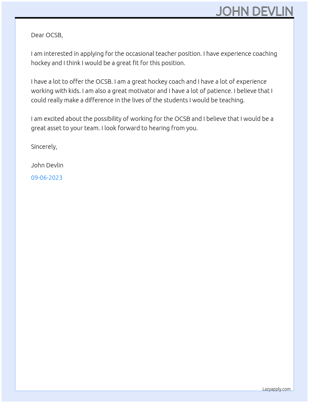 Ocassional Teacher At OCSB Cover Letter