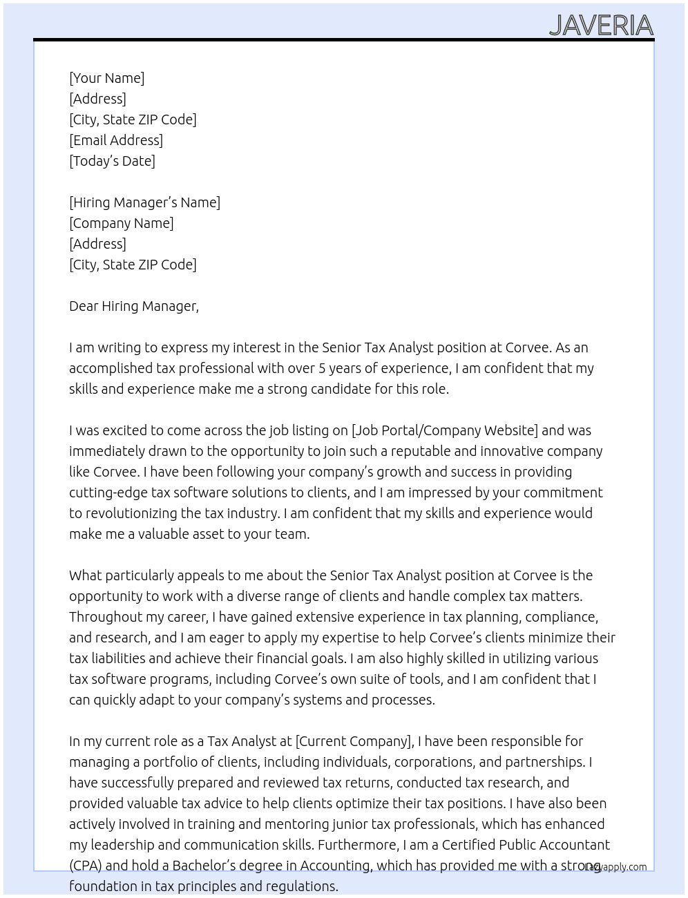Senior Tax Analyst  At Corvee  Cover Letter