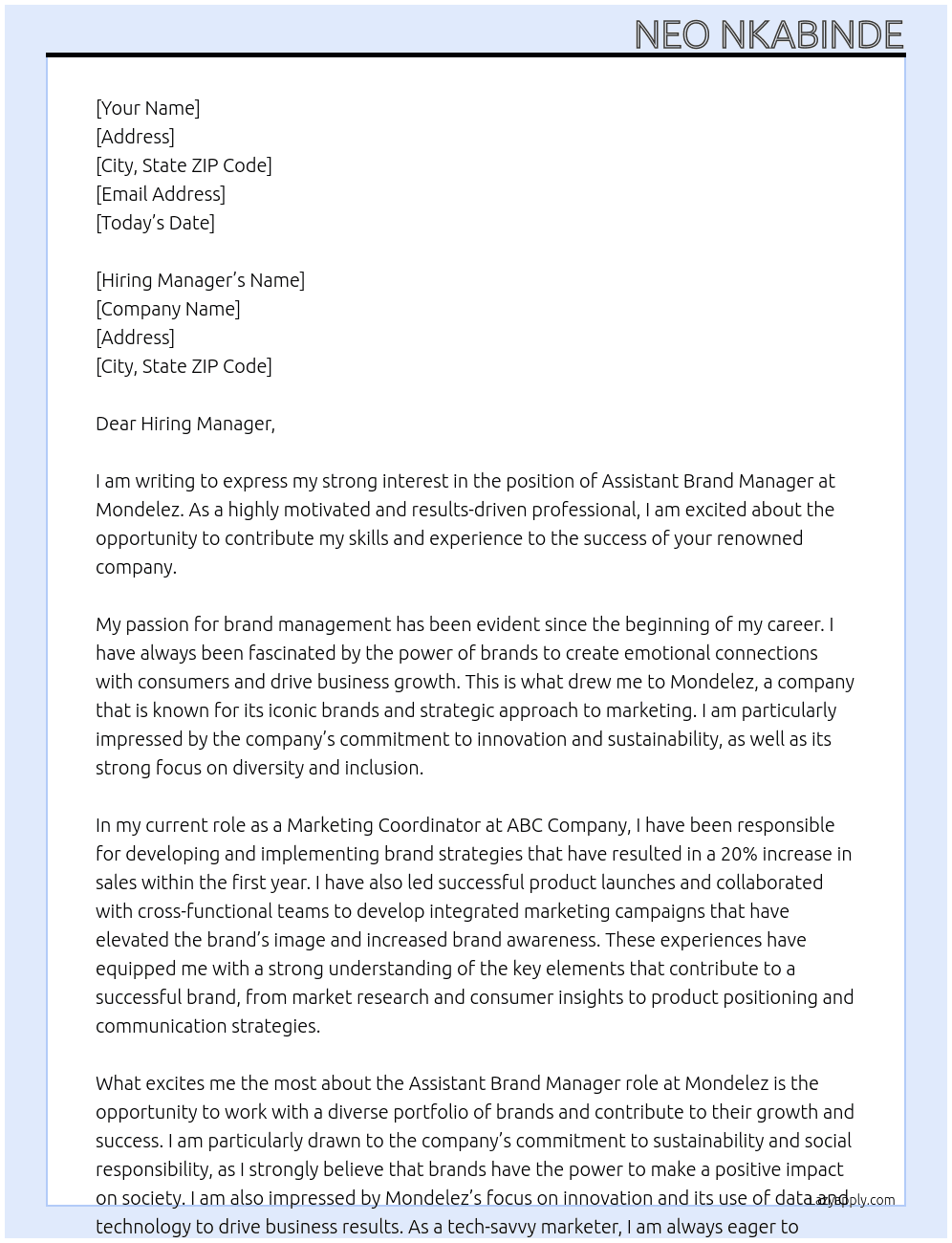 Assistant Brand Manager At Mondelez Cover Letter