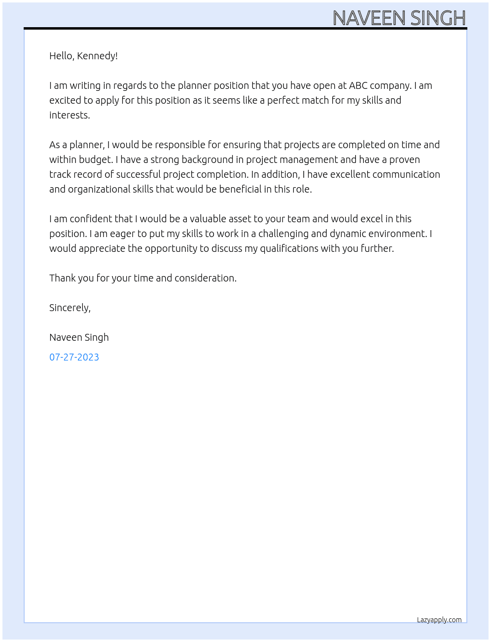 Planner At ABC Cover Letter