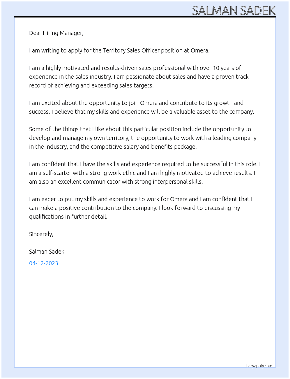 Territory Sales Officer  At Omera Cover Letter