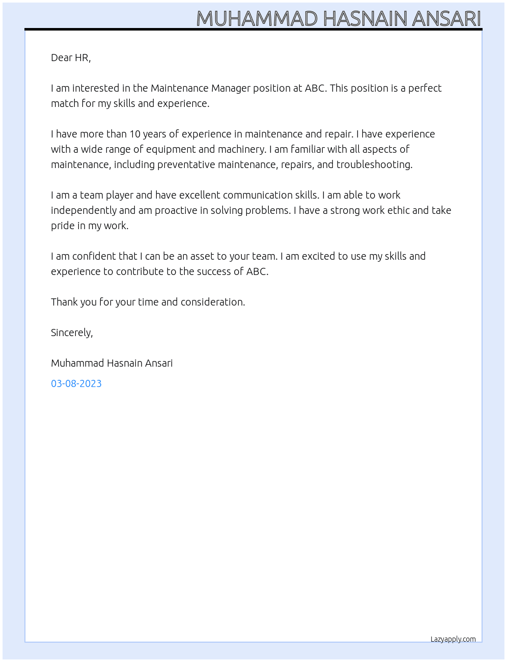 Maintenance Manager At ABC Cover Letter