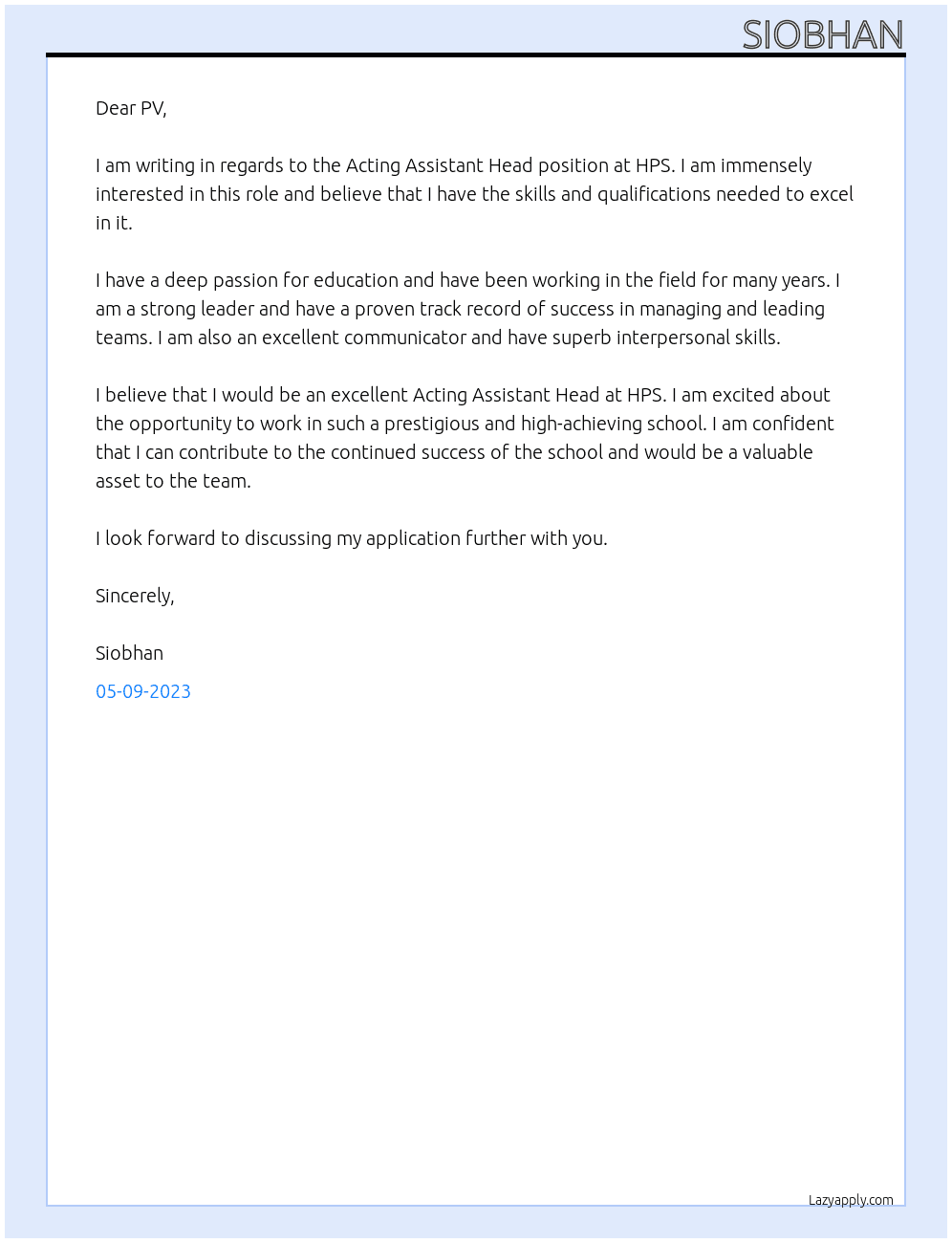 Acting assistant head At HPS Cover Letter