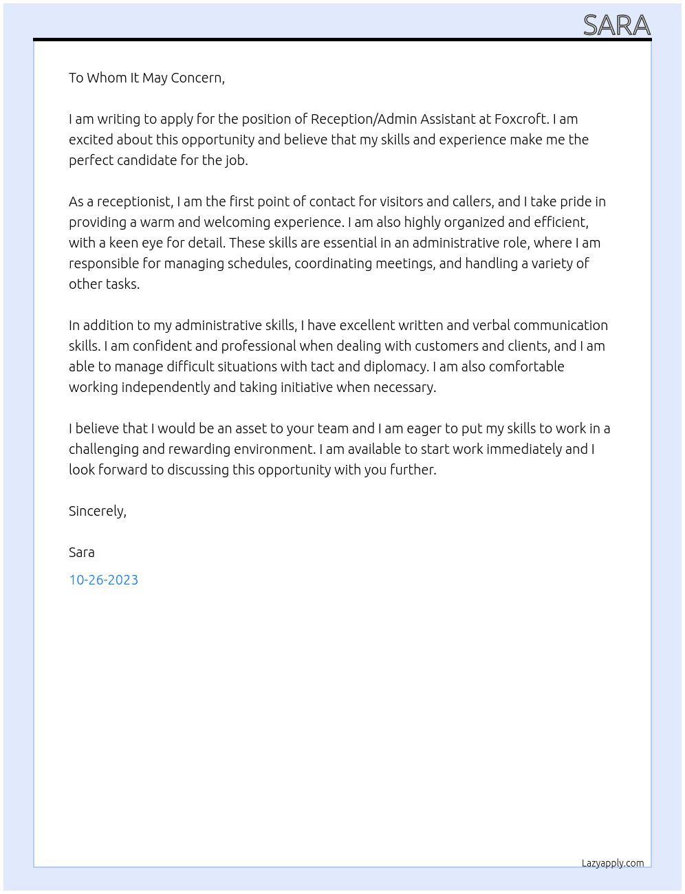 Reception/Admin Assistant At Foxcroft Cover Letter