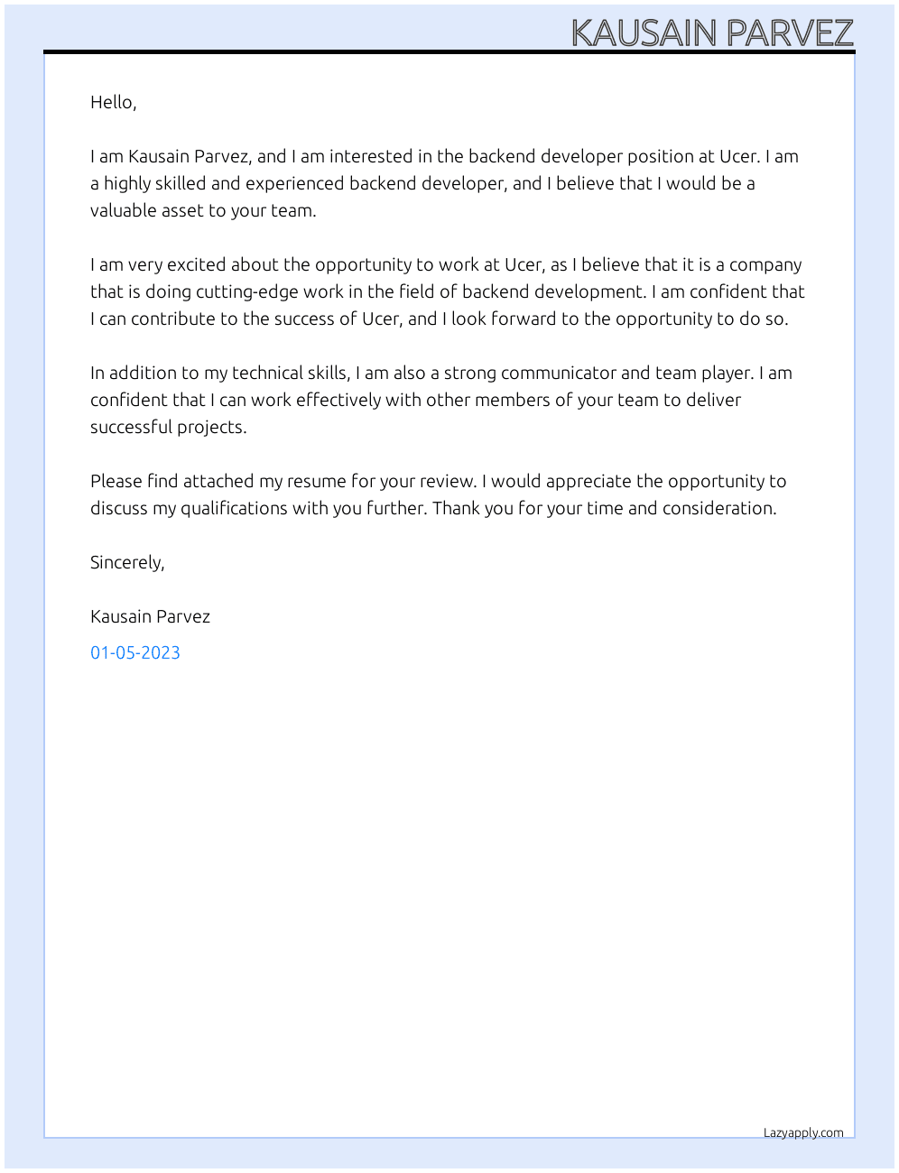 Backend developer  At Ucer Cover Letter