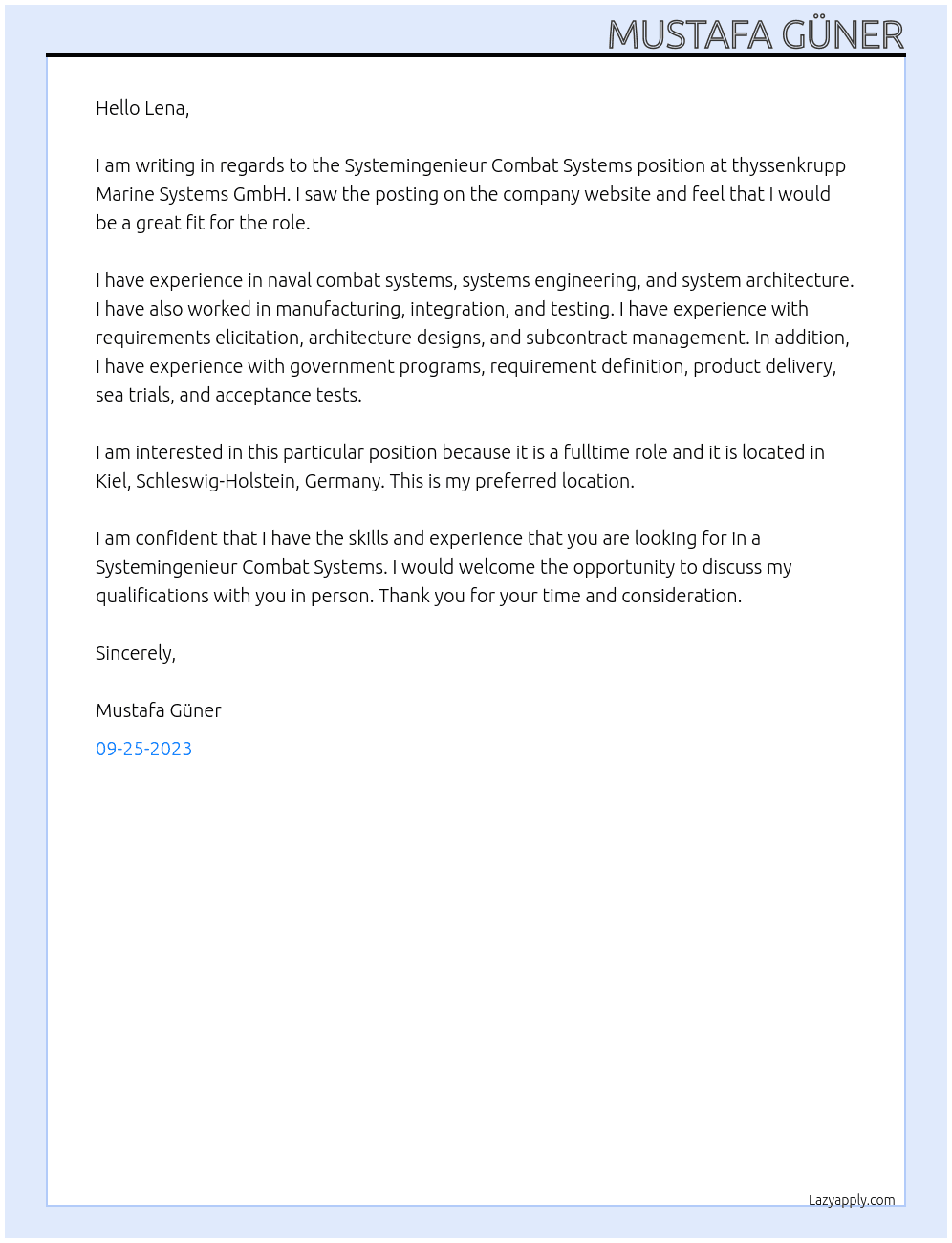 Systemingenieur Combat Systems At thyssenkrupp Marine Systems GmbH Cover Letter