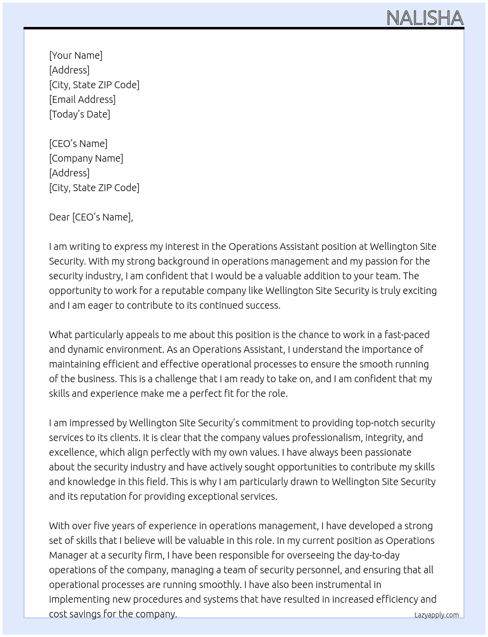 Operations Assistant  At Wellington Site Security  Cover Letter