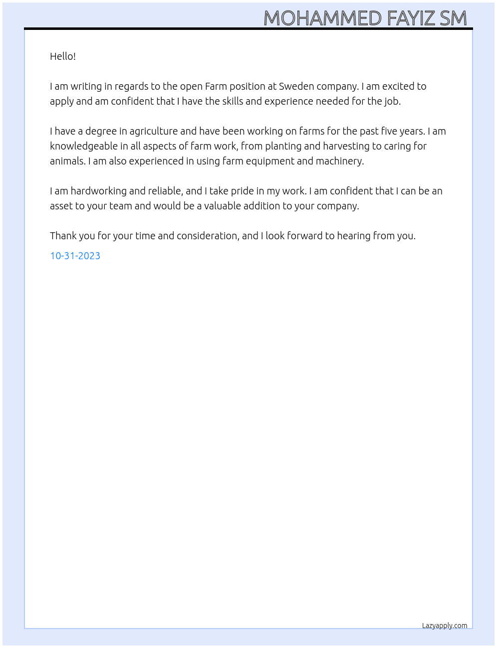 Farm At Sweden company  Cover Letter