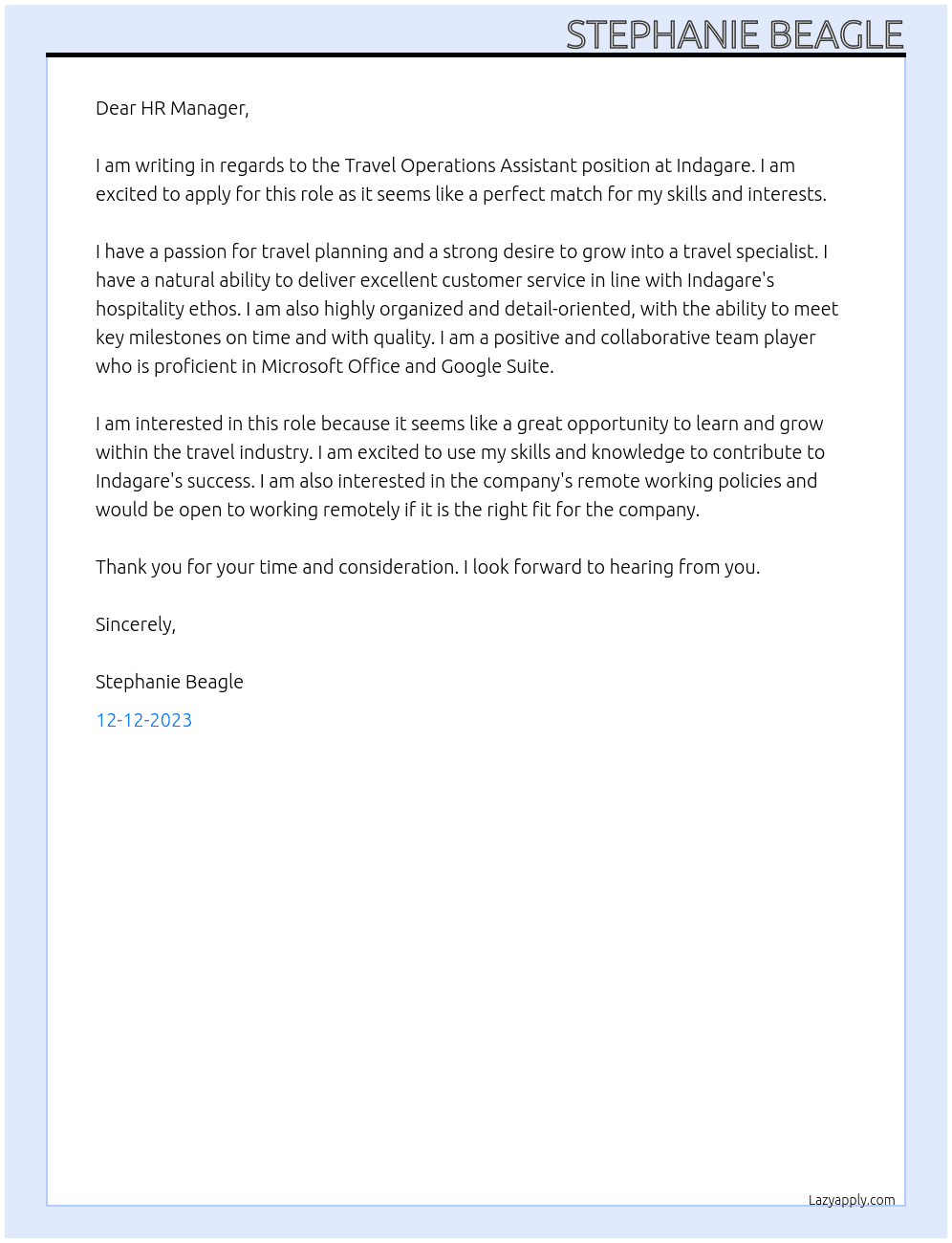 Travel Operations Assistant  At Indagare Cover Letter