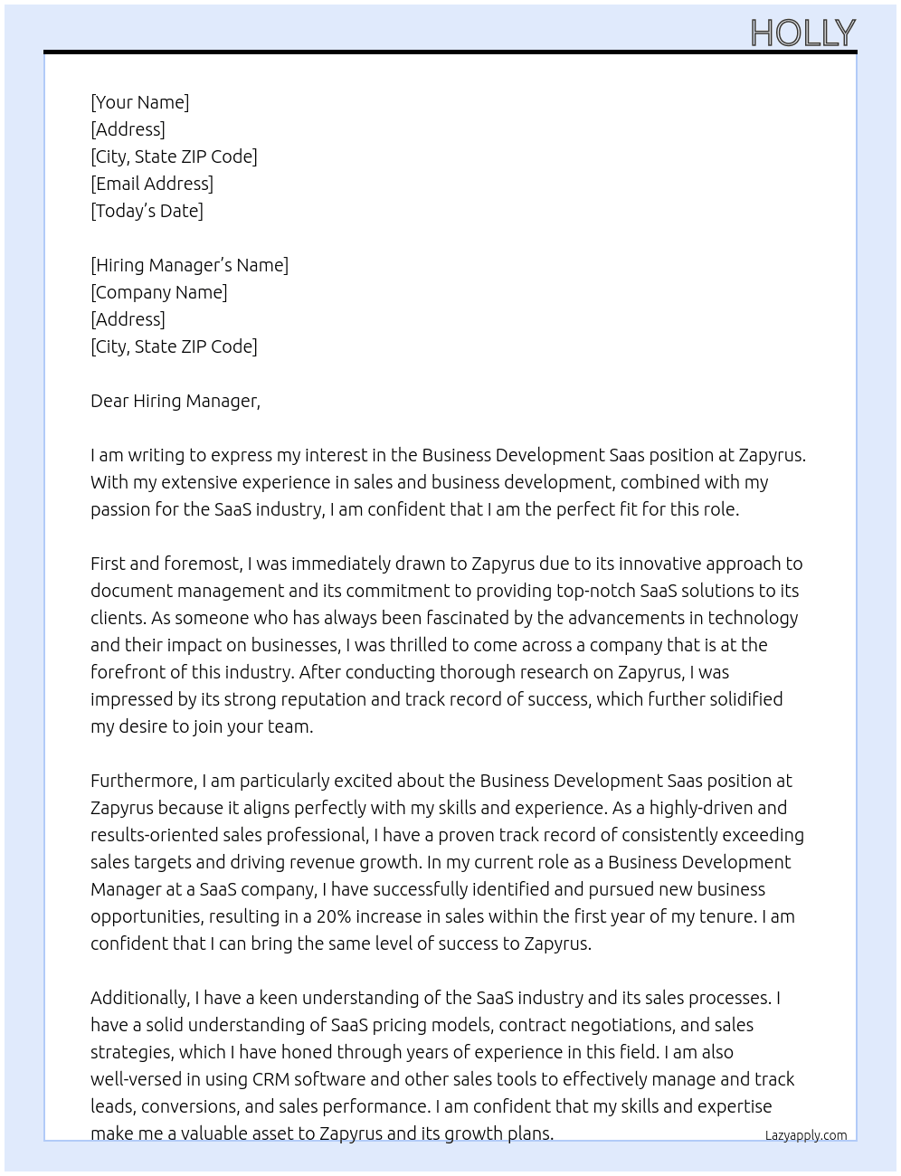 Business Development Saas At Zapyrus Cover Letter