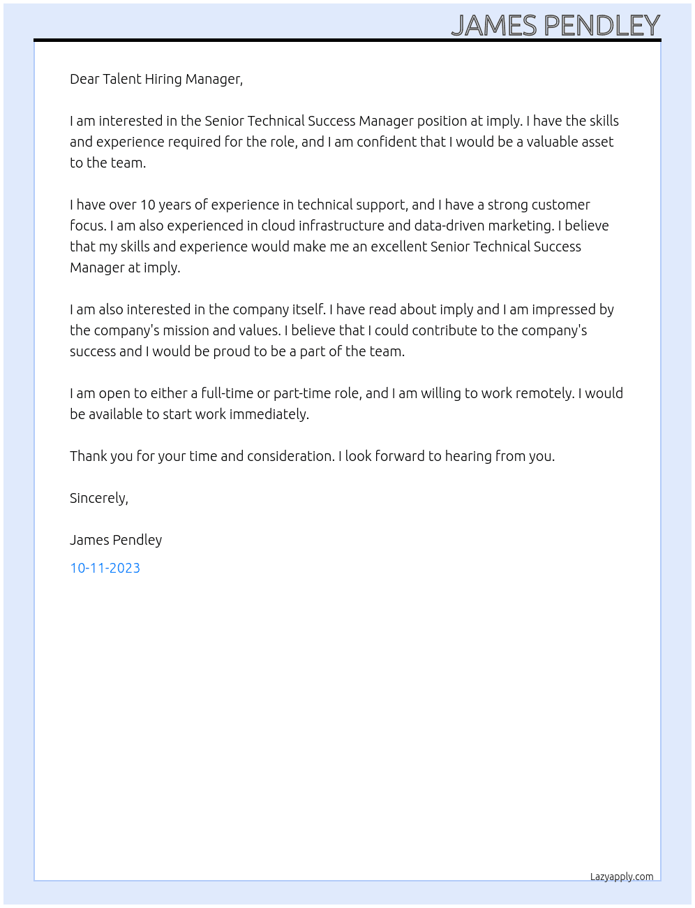 Senior Technical Success Manager At imply Cover Letter