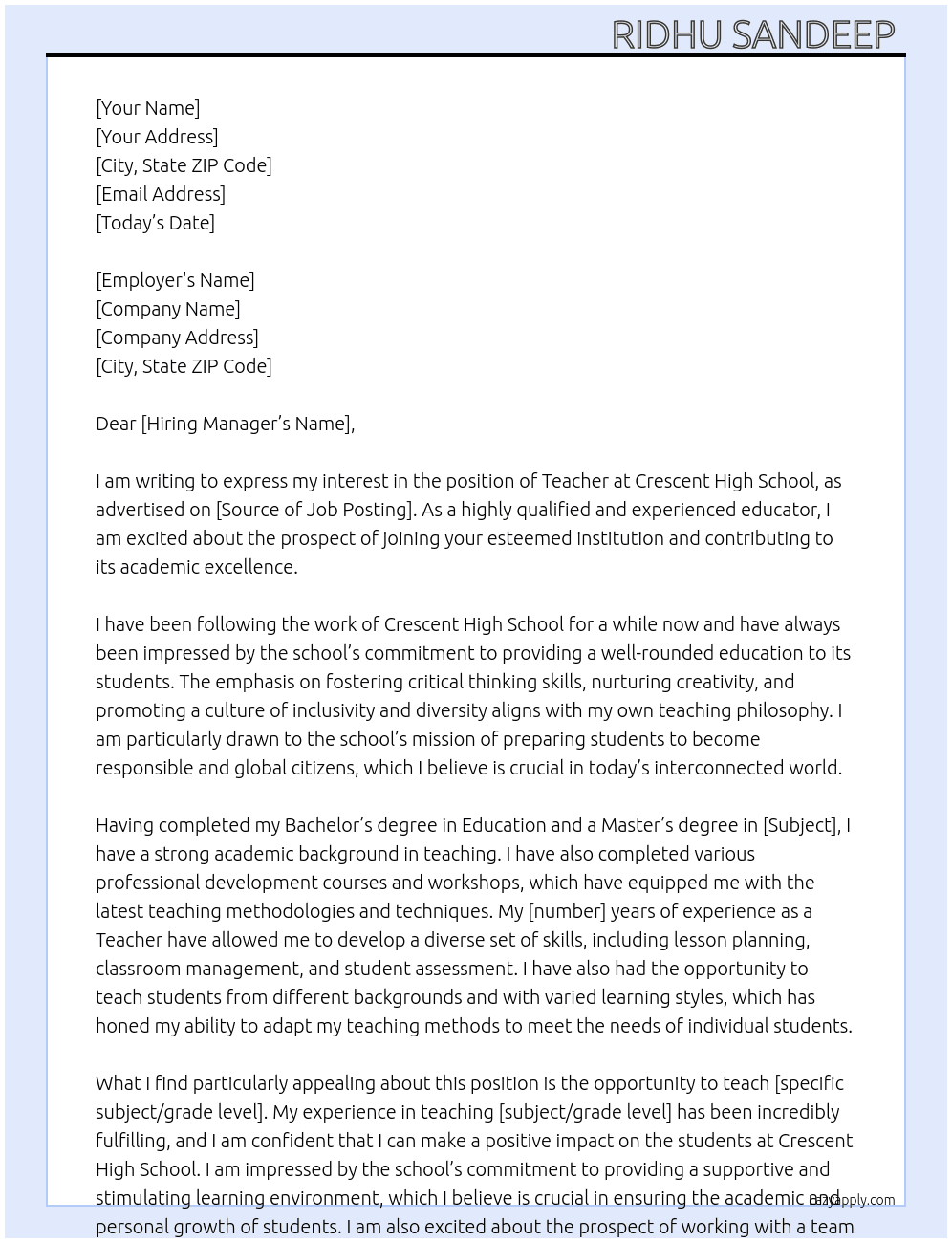 Teacher At Crescent high school Cover Letter
