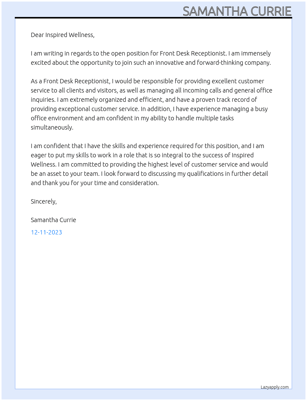 Front Desk Receptionist At Inspired Wellness Cover Letter