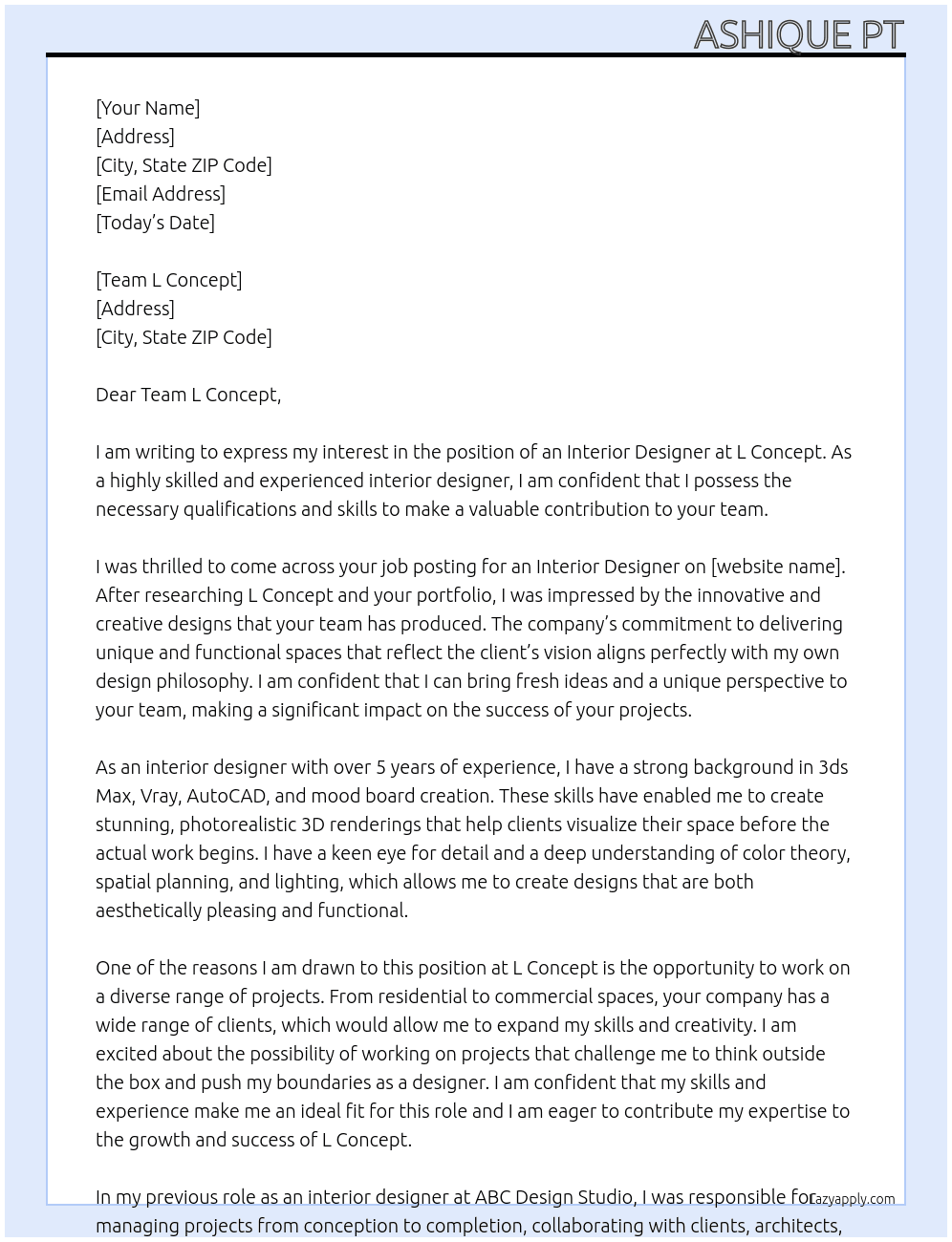 Hiring interior designer, 3dsmax , vray AutoCAD and mood board creation At L concept Cover Letter