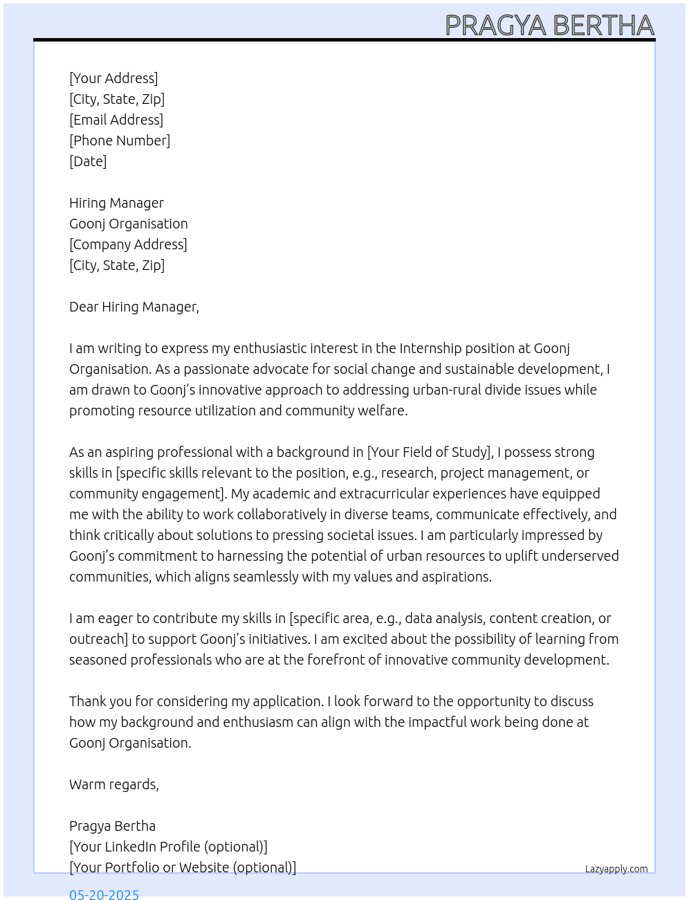 Internship At GOONJ ORGANISATION Cover Letter