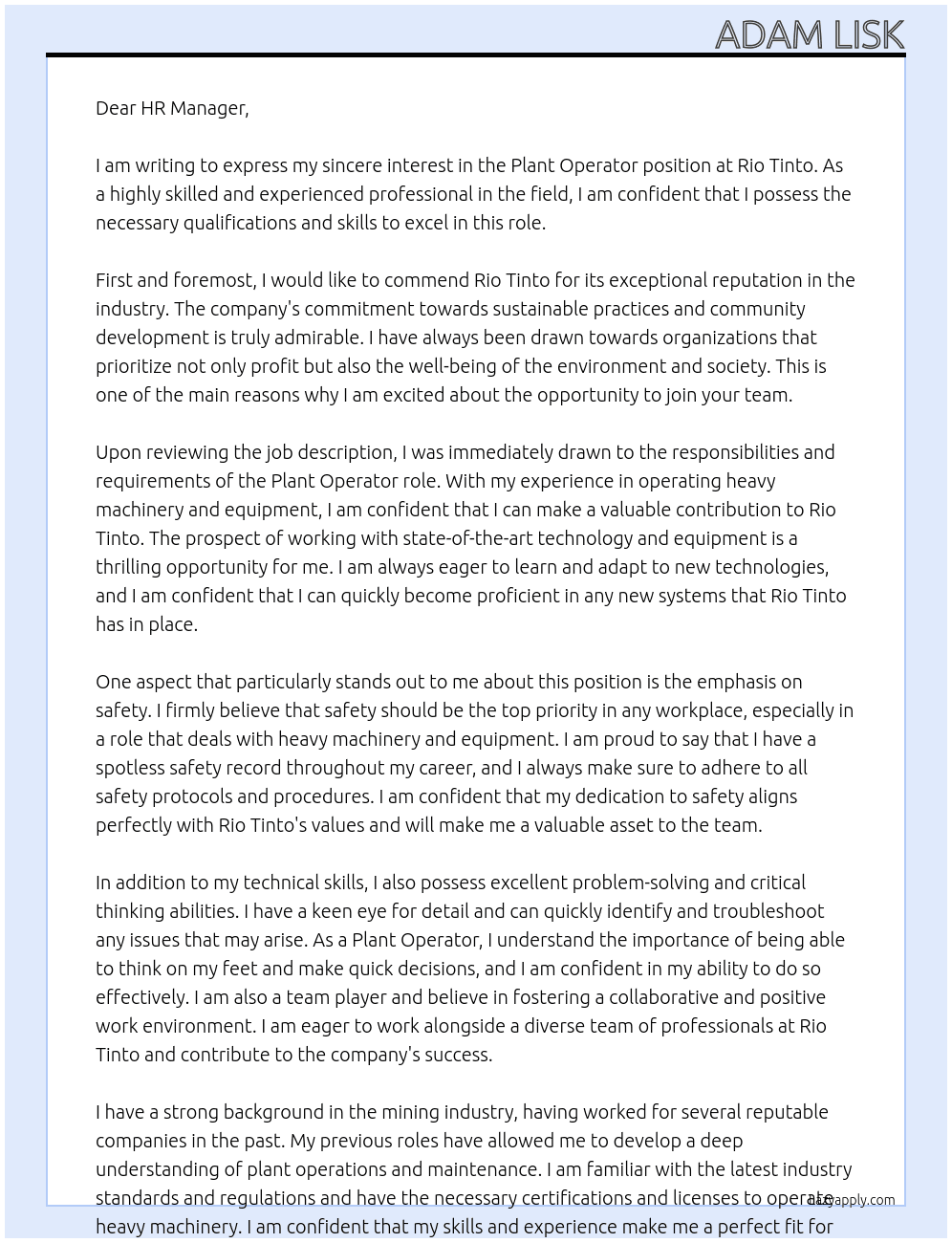 Plant Operator At Rio Tinto Cover Letter