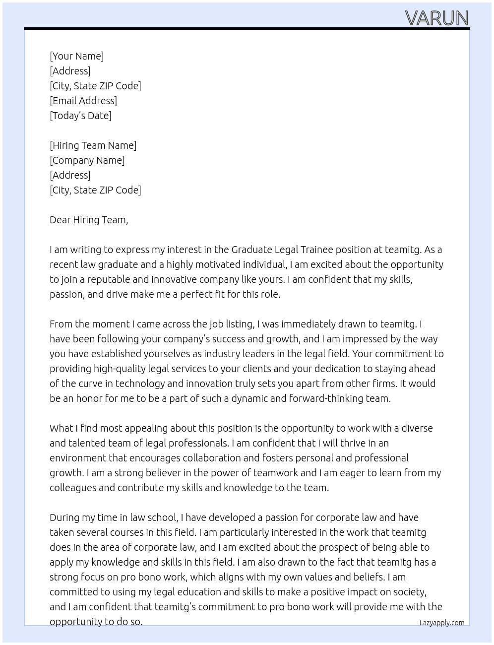 Graduate legal trainee At teamitg Cover Letter
