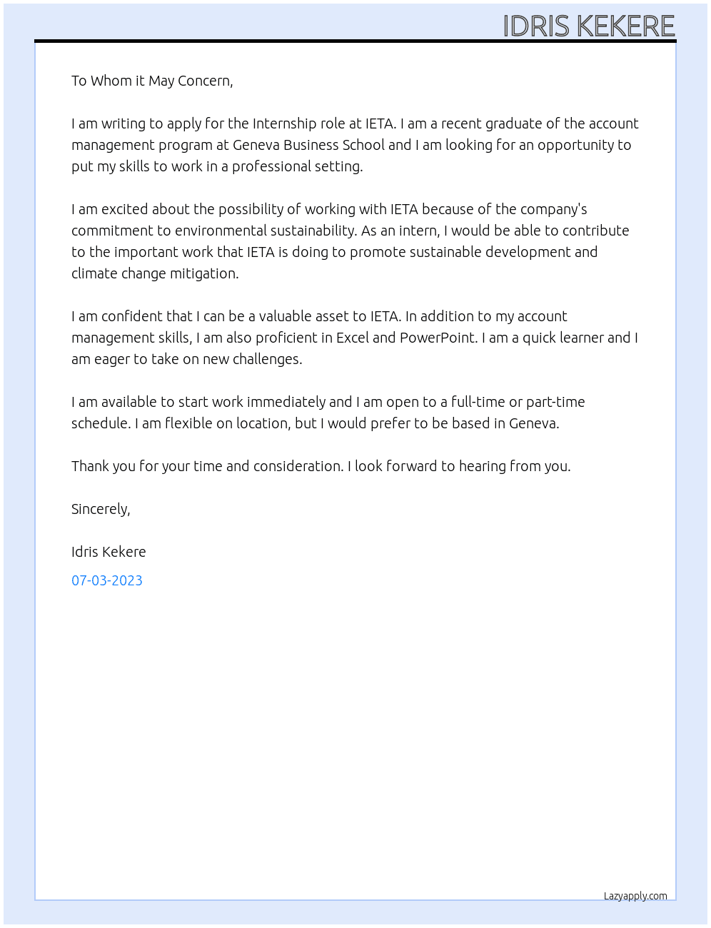 Internship At IETA Cover Letter