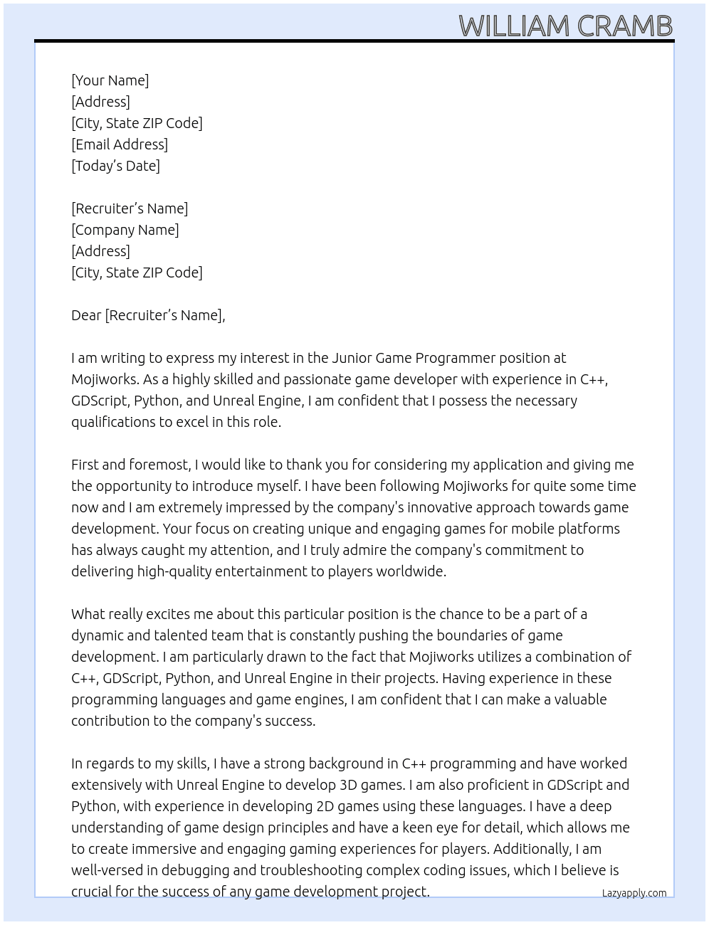 Junior Game Programmer At Mojiworks Cover Letter
