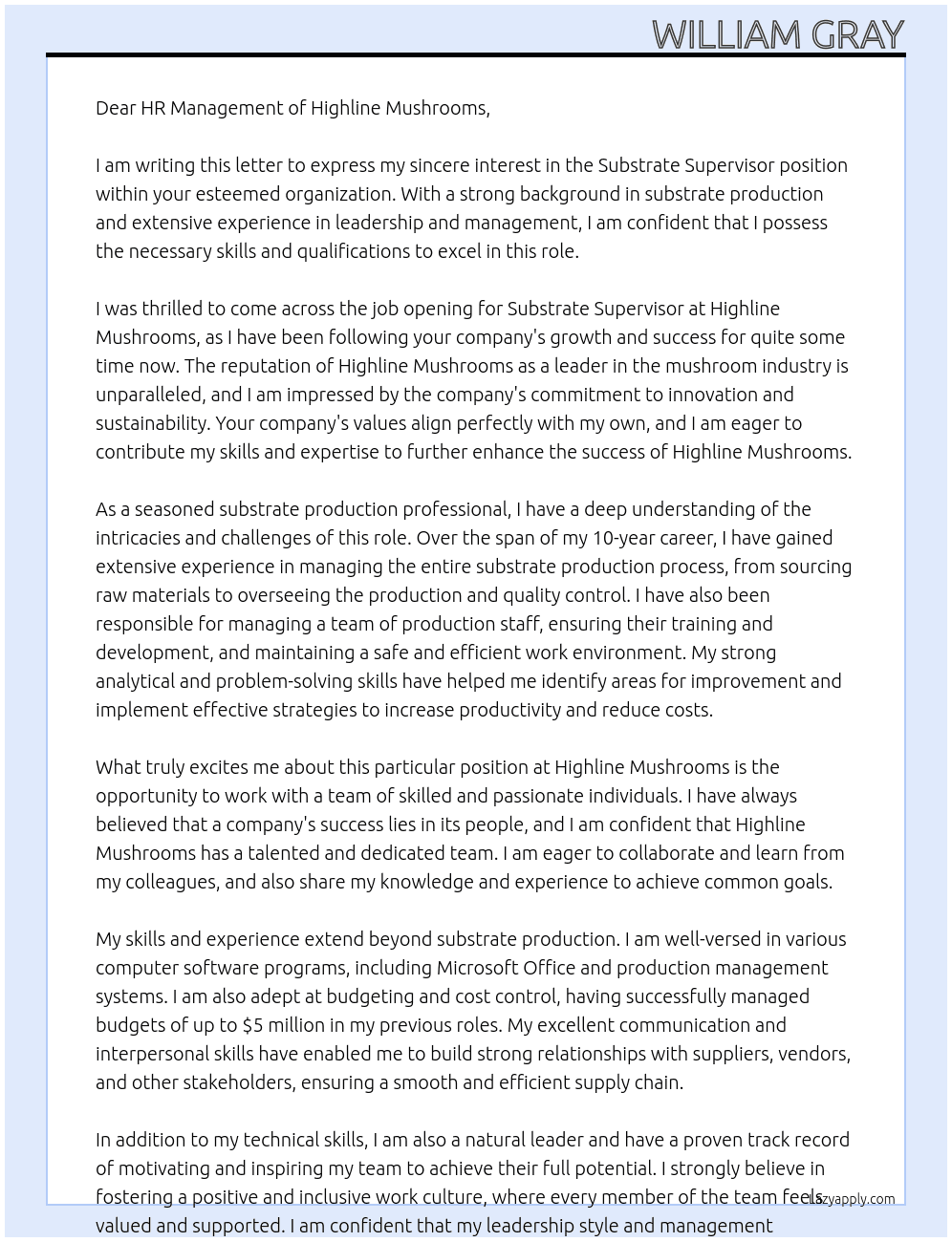 Substrate Supervisor At Highline Mushrooms Cover Letter