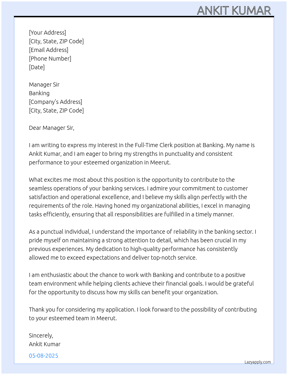 Clerk  At Banking  Cover Letter