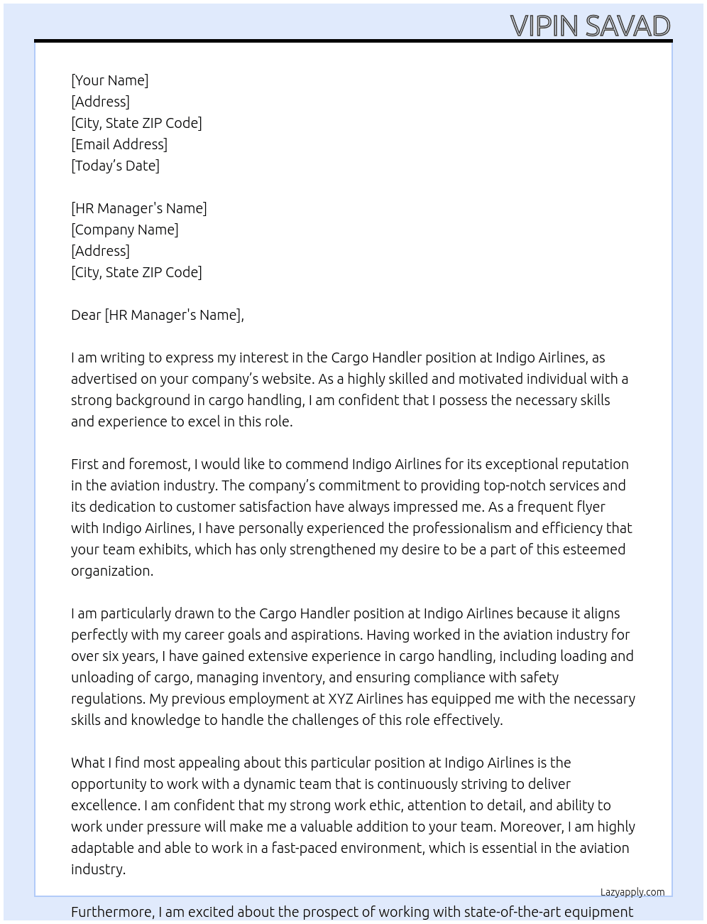 Cargo handler At INDIGO AIRLINES Cover Letter