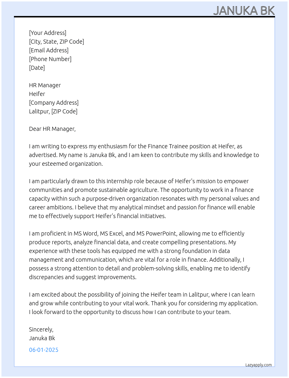 Finance Trainee At Heifer Cover Letter