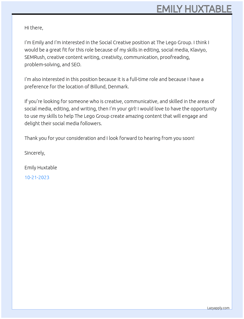 Social Creative At The Lego Group Cover Letter