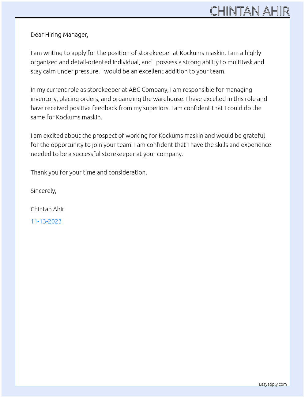Storekeeper  At Kockums maskin Cover Letter
