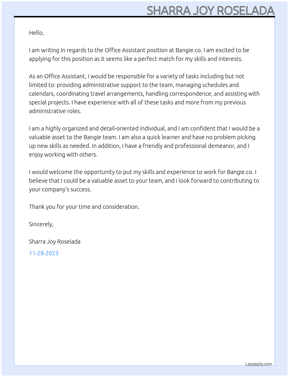 office ASSISTANT At bangie.co Cover Letter