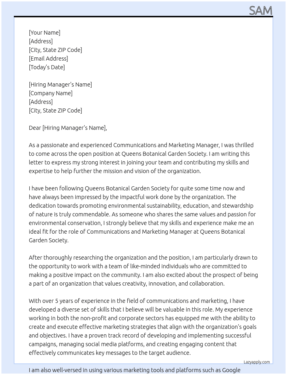 Communications and Marketing Manager At Queens Botanical Garden Society Cover Letter