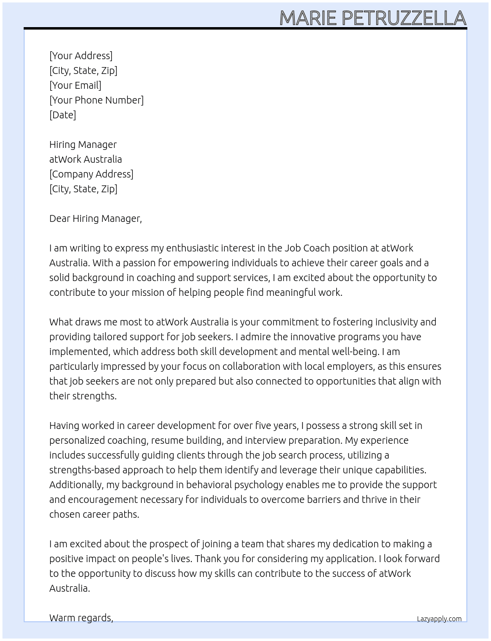 Job Coach At atWork australia Cover Letter