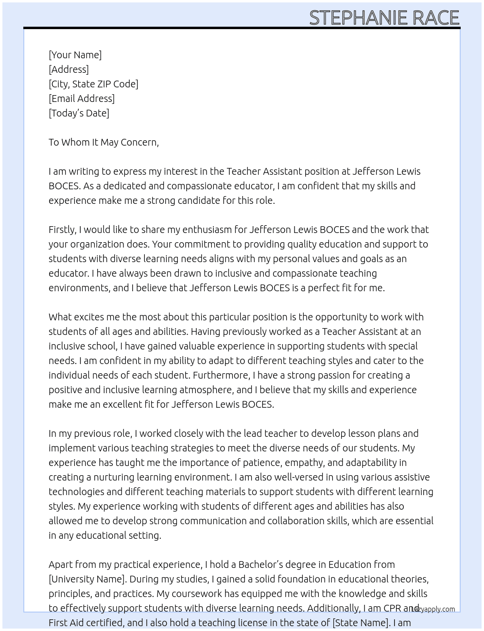 Teacher Assistant  At Jefferson Lewis BOCES Cover Letter