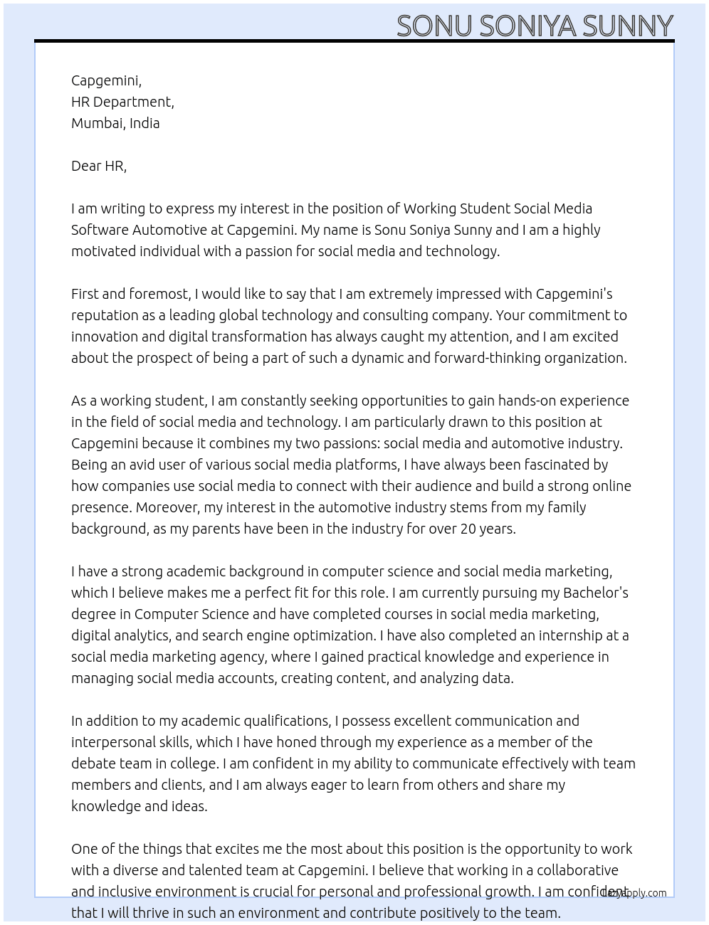 Cover letter for working student social media software automotive - LazyApply