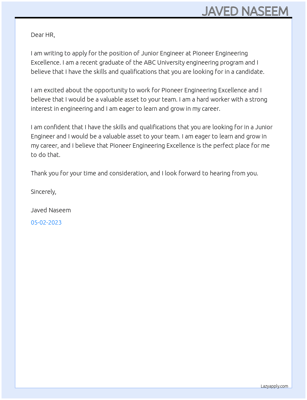 Junior Engineer  At Pioneer Engineering Excellence  Cover Letter