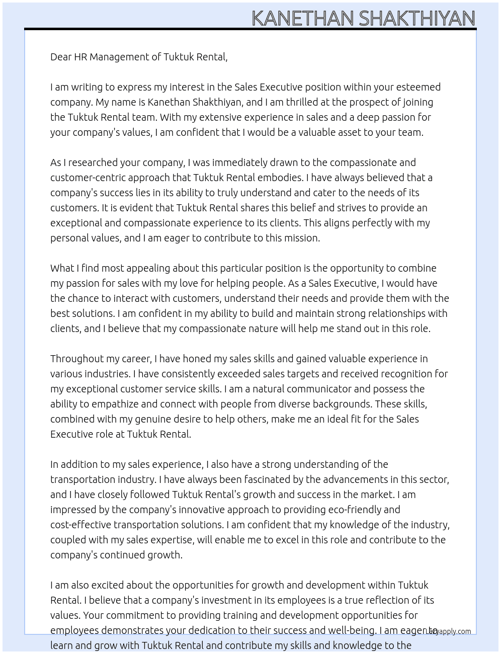 sales executive At Tuktuk rental Cover Letter
