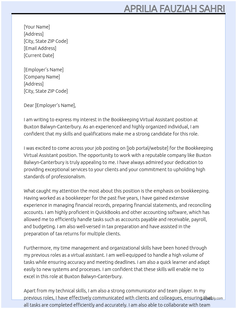 Bookkeeping Virtual Assistant At Buxton Balwyn-Canterbury Cover Letter
