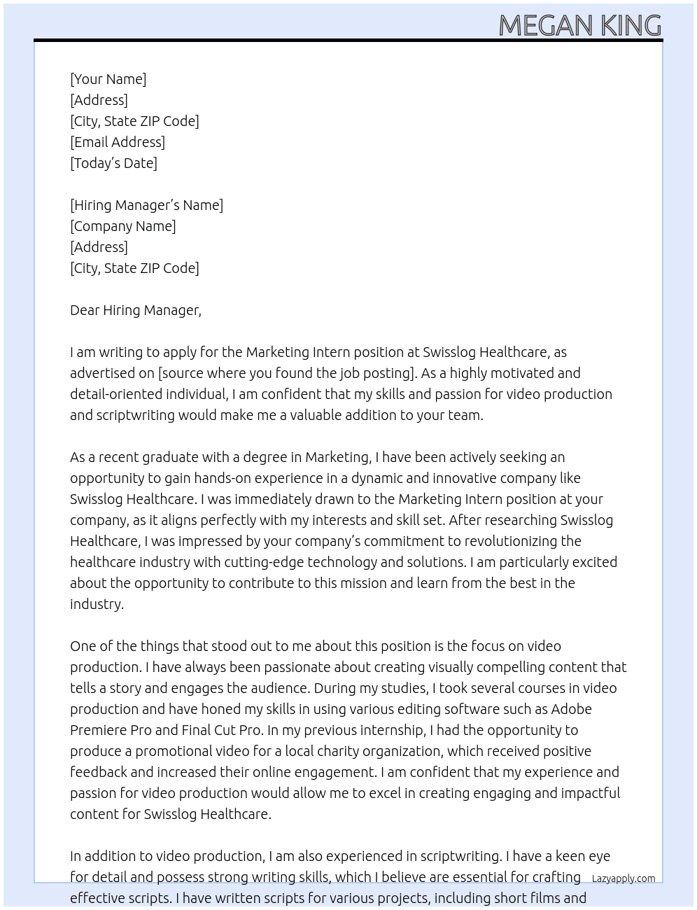 Marketing Intern At Swisslog Healthcare Cover Letter