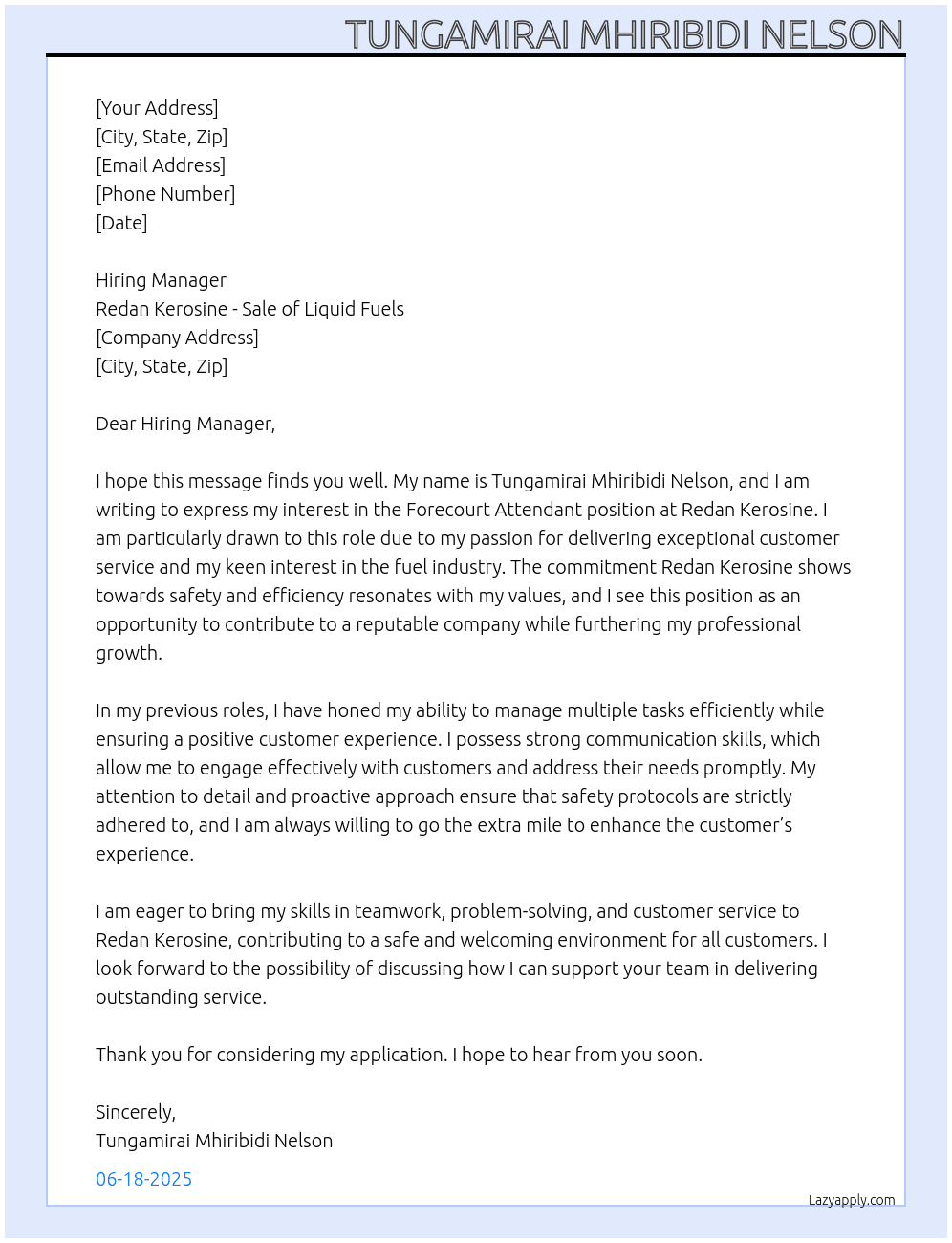 Forecourt Attendant At Redan Kerosine- Sale of Liquid fuels Cover Letter