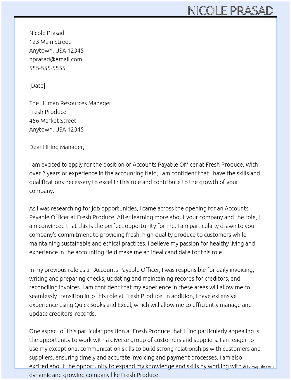 Accounts Payable Officer  At Fresh Produce  Cover Letter