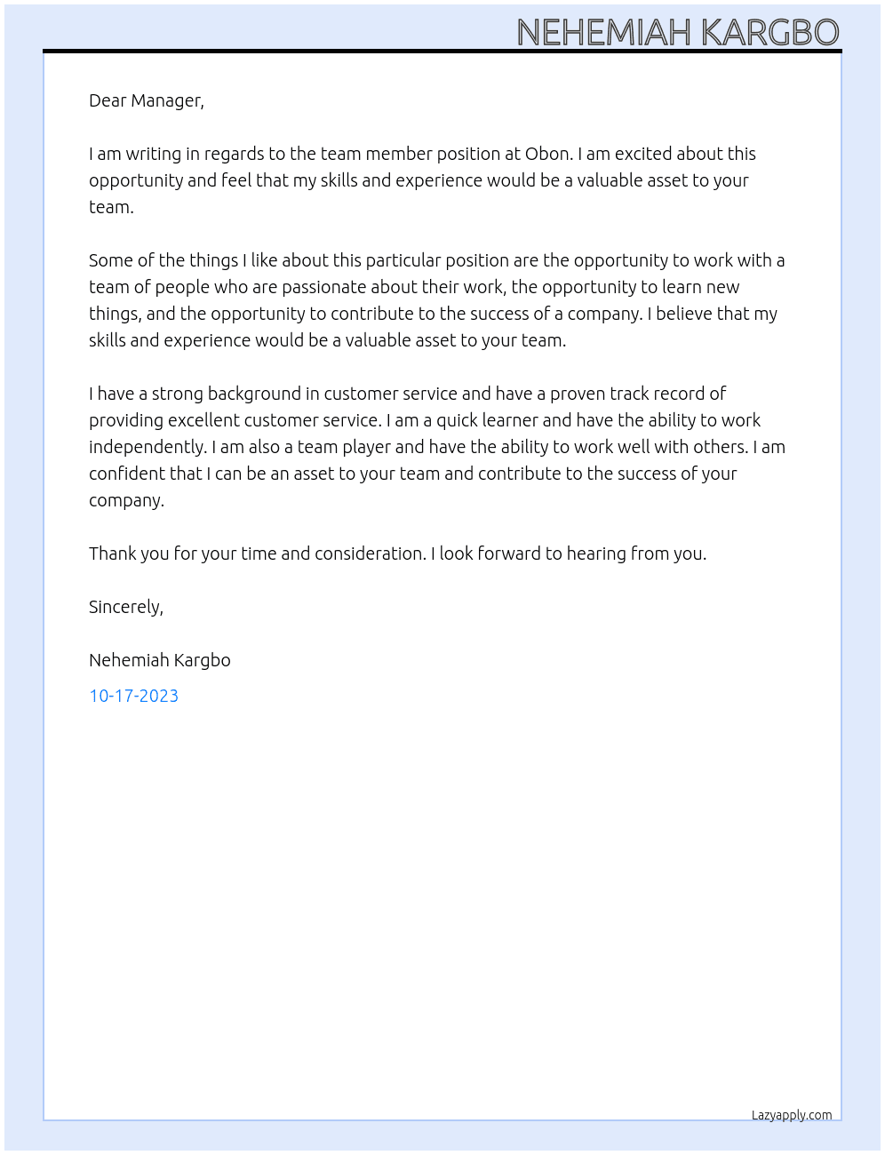 Team member At Obon Cover Letter