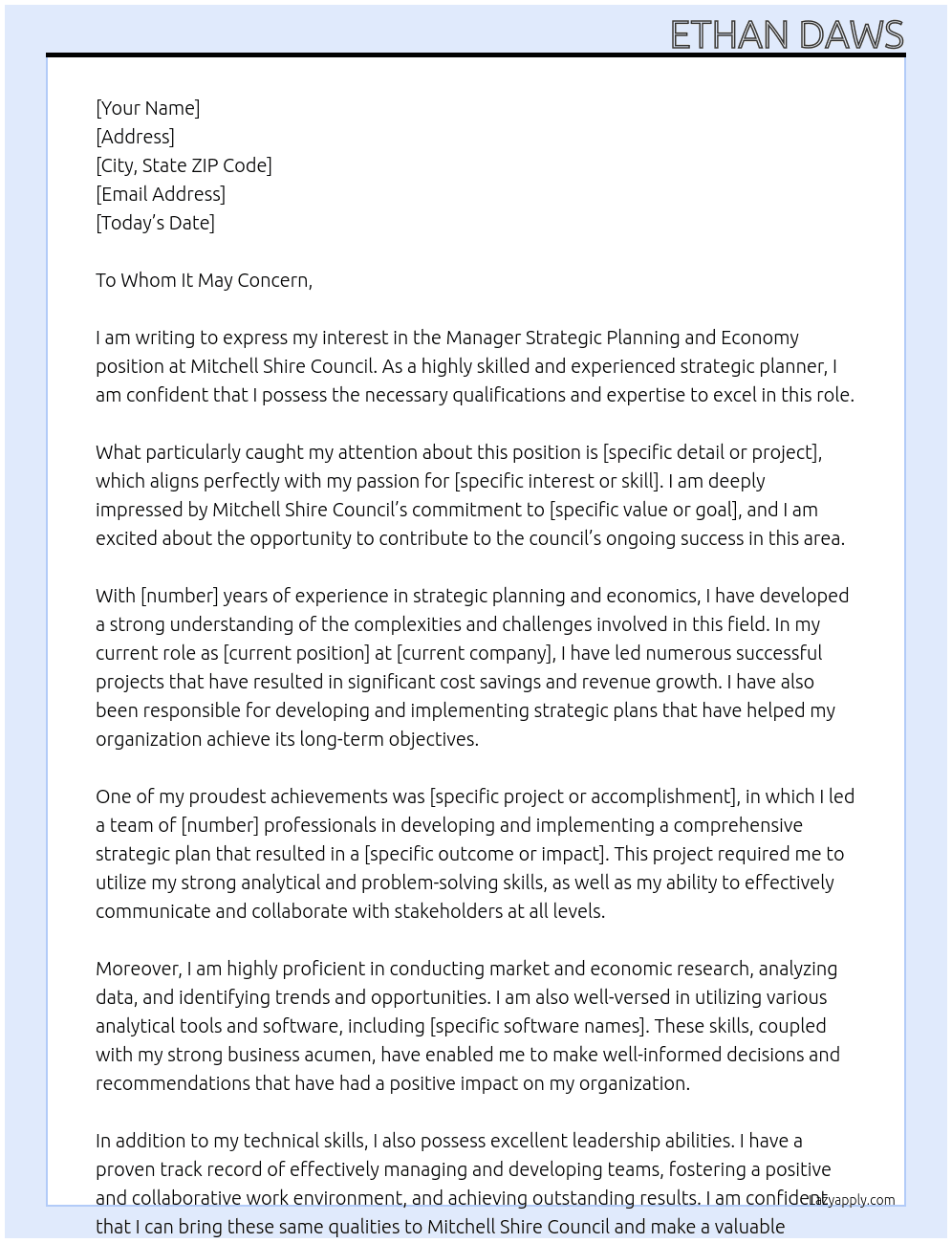 Manager Strategic Planning and Economy At Mitchell Shire Council Cover Letter
