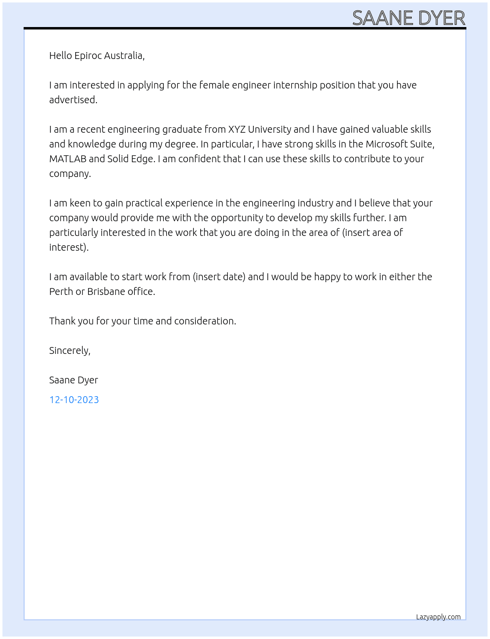 Female Engineer Internship At Epiroc Australia Cover Letter